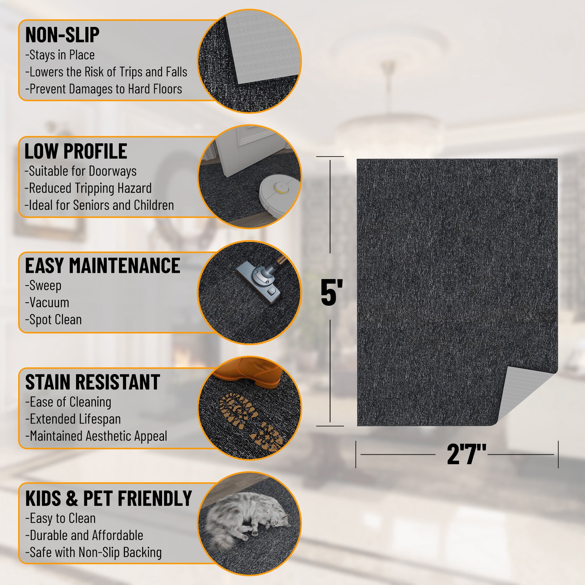 Ottomanson Non-Slip Area Rug for Living Room 2'7" x 5' Stain-Resistant Low Pile Floor Carpet, Black