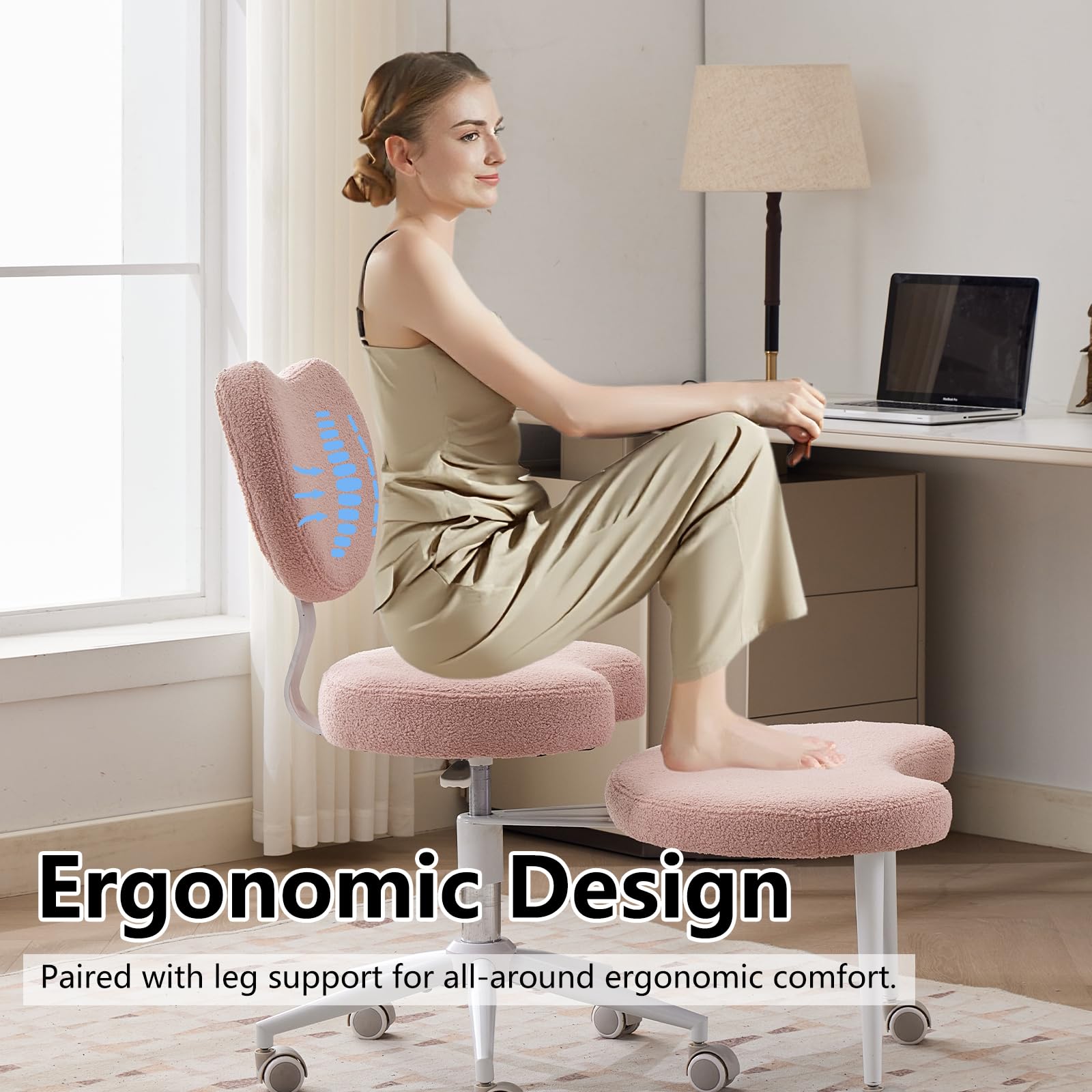 Pawverly Cross-Legged Meditation Chair with Wheels, Adjustable Height Yoga Office Chair with Lumbar Support, Ergonomic Criss Cross Desk Chair for Adults, Pink Teddy
