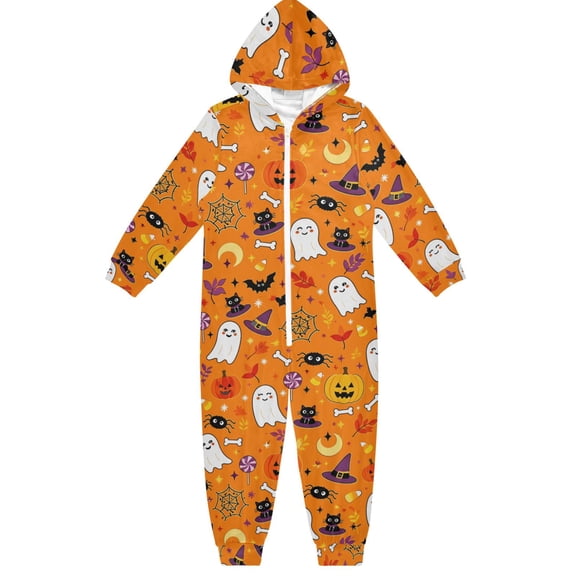 Pumpkin Halloween Boys & Girls Hooded One-Piece Pajamas Warm Crystal velvet Hooded Long Sleeve Loungewear Jumpsuit Unisex