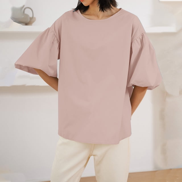 FcBaudy Hauts pour Femmes, Chemises pour Femmes, Manches Courtes Col Rond Blouses & Chemises d'Été Unies Chemises Amples Manches Bouffantes Manches Courtes Col Rond Blouses pour Femmes