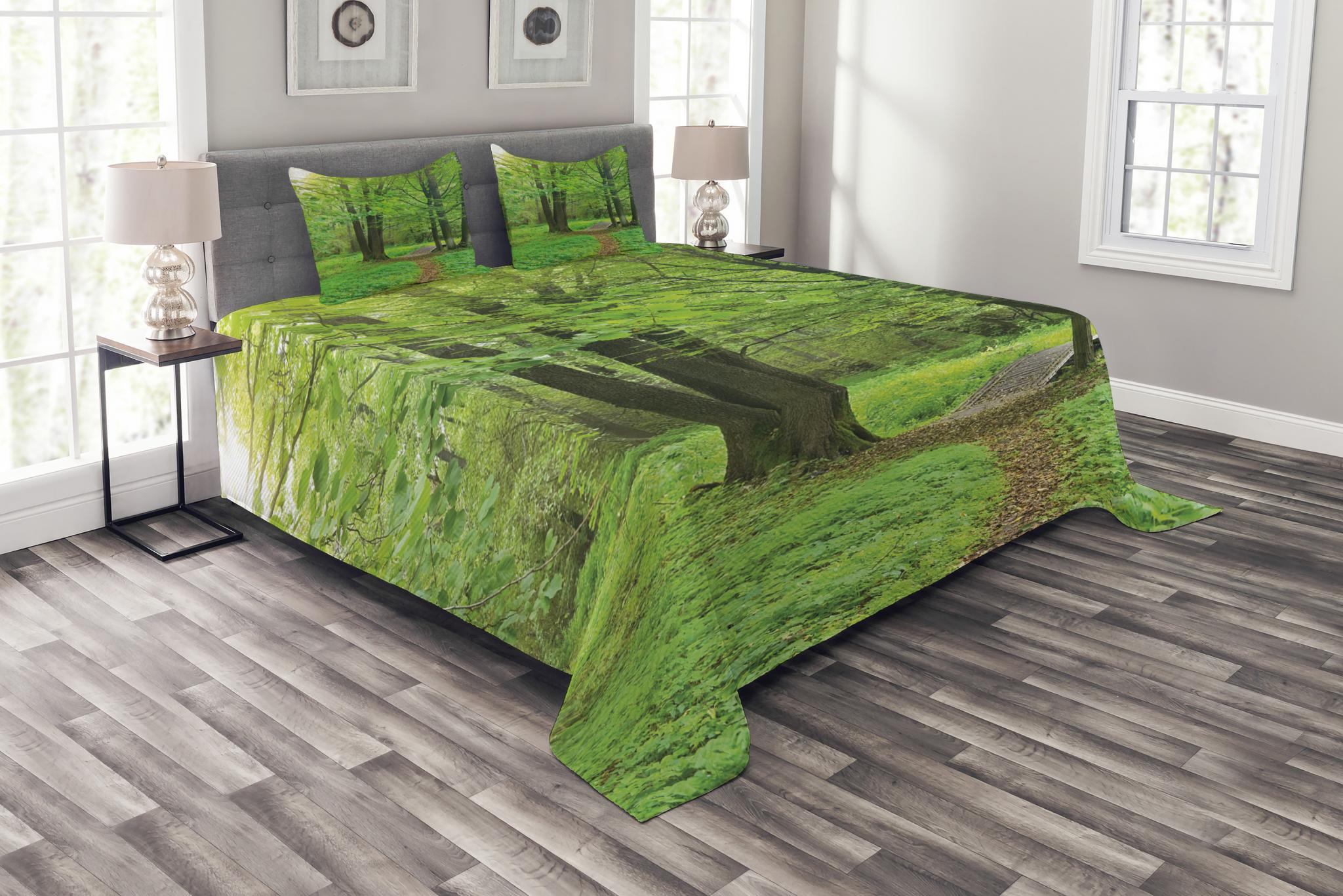 Nature Bedspread Set, Summer Season Forest with Flourishing Trees Grass