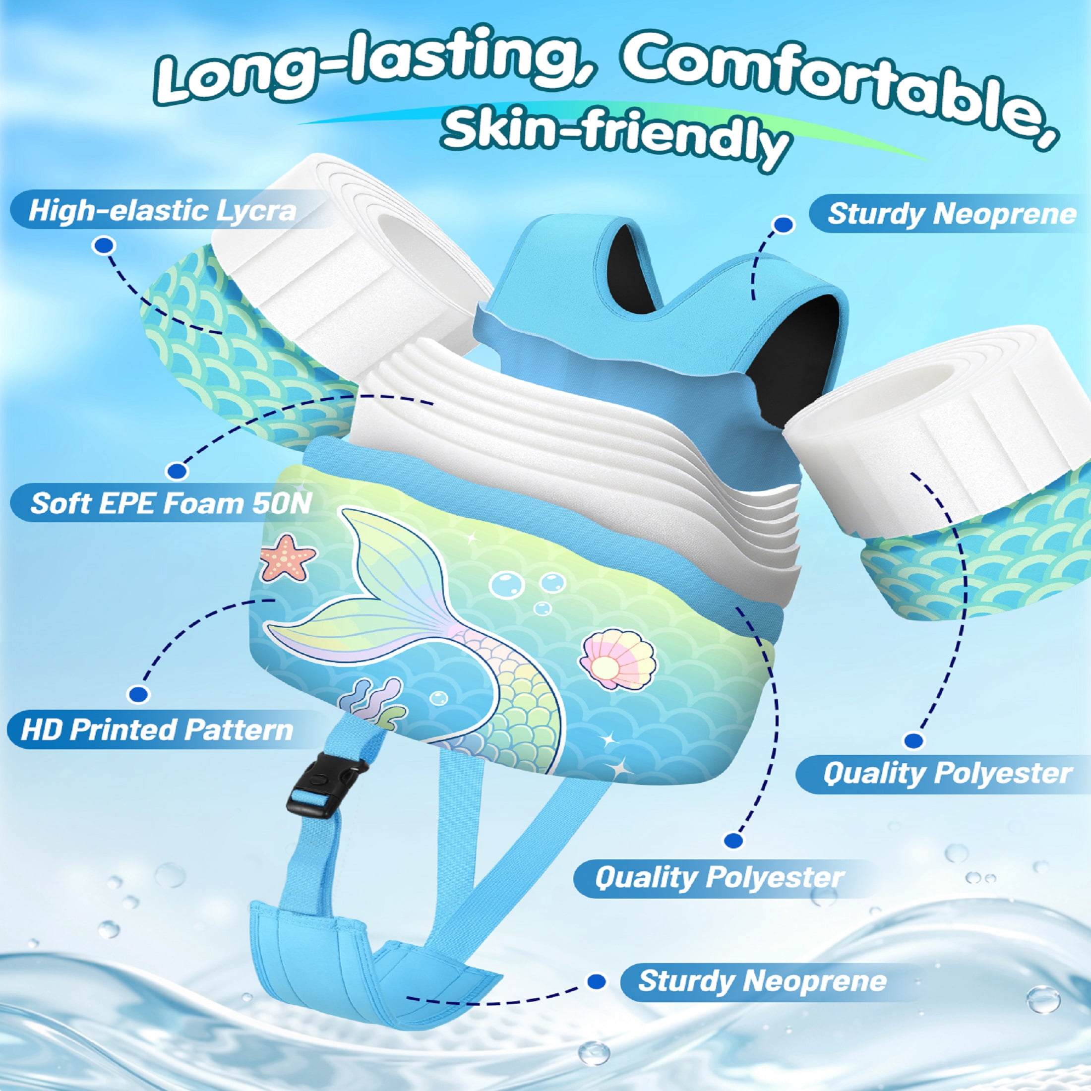 HeySplash Swim Vest For Kid,Arm Floaties with Adjustable Strap Fit 22-30 Lbs,Pool Sea Swimming Aid,Blue Fishtail