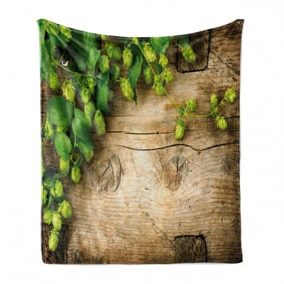Plant Soft Flannel Fleece Blanket, Hop Twigs on an Old and Cracked Wooden Board Fresh Picked Whole Hops Brewing, Cozy Plush for Indoor and Outdoor Use, 50" x 70", Avocado Green Brown, by Ambesonne