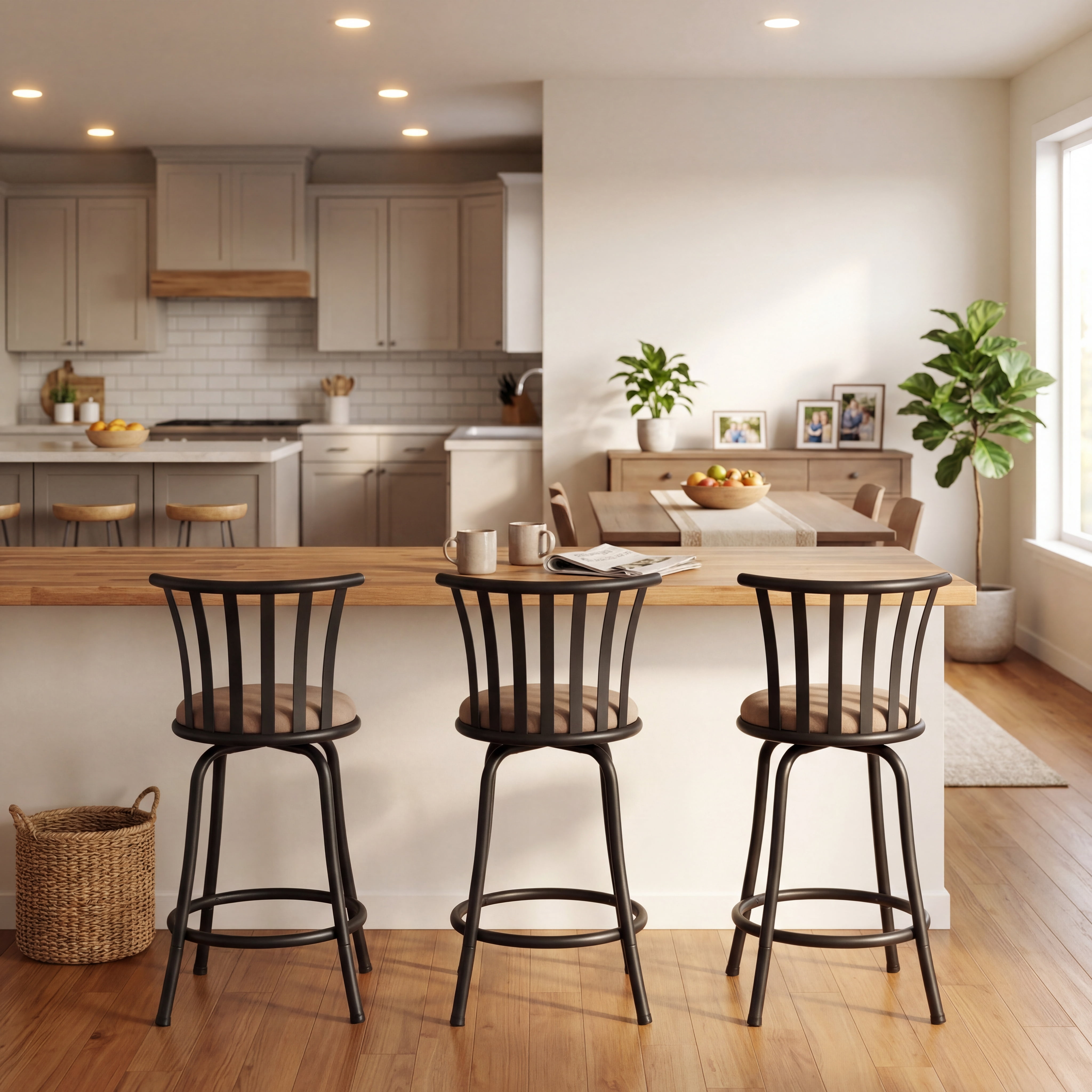 FurnitureR Modern Swivel Bar Stools Set of 3, 24" - 29" Adjustable Counter Height Chairs with Low Back and Sturdy Metal Frame, Brown Suede Seat for Kitchen Island, Dining Room and Home Bar