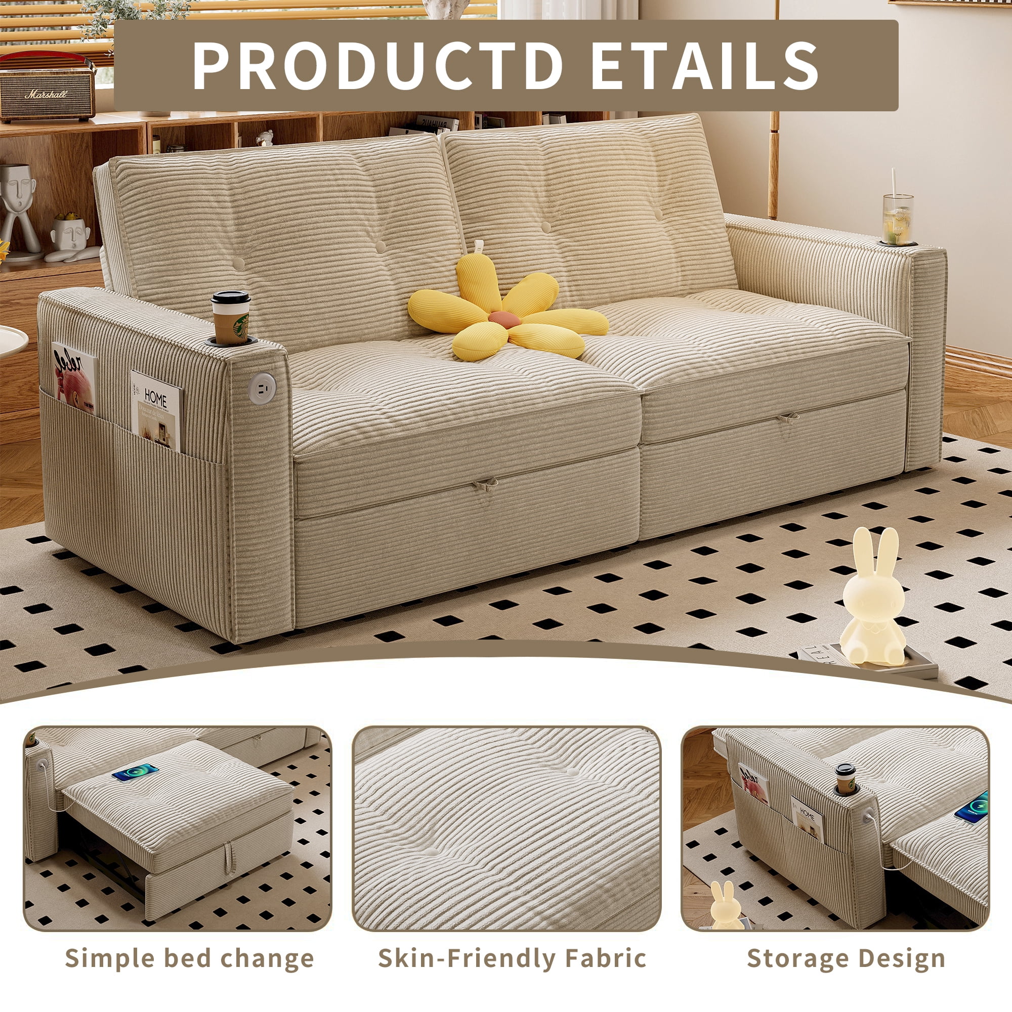 3-in-1 Multi-Functional Sleeper Sofa Bed, Upholstered Corduroy Convertible Loveseat Lounge, Indoor Daybed for Living Rooms/Bedrooms