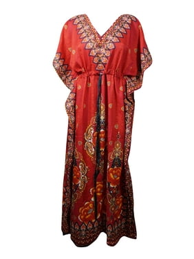Mogul Women Red Maxi Caftan Dress Floral Print Kimono Sleeves Beach Cover Up Kaftan Dresses One Size