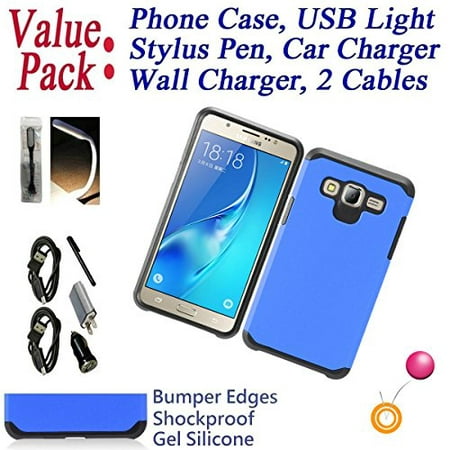 Value Pack Cables + for 5" Samsung Galaxy J5 Prime On5 Case Phone Case Hybrid Armor Layers Shock Proof Edge Scratch Shield Slim Bumper Cover Blue