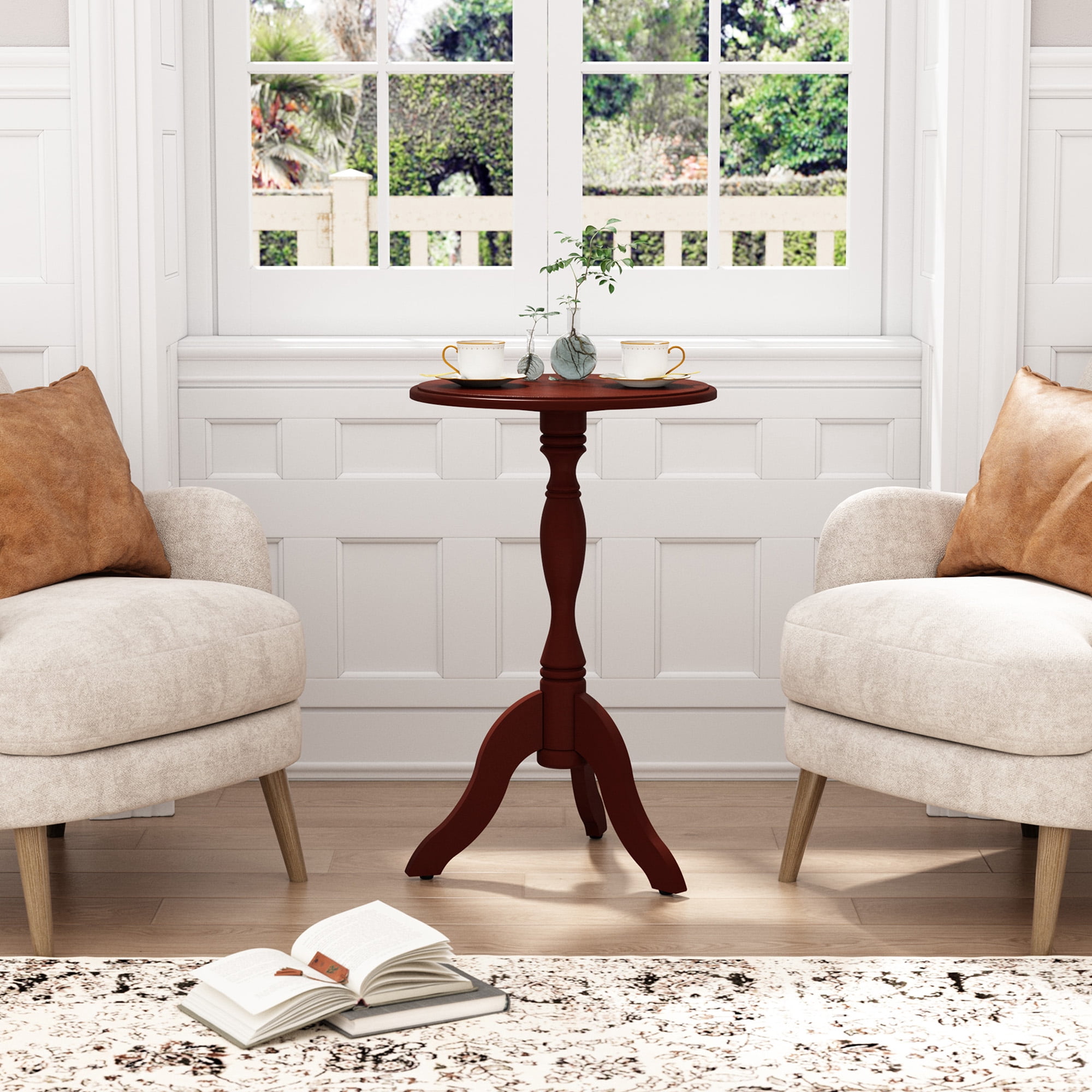 HLR Round Small End Table Set of 2, Wooden Pedestal Side Coffee Table, 2pcs Vintage Accent Nightstand for Living Room, Bedroom, Entryway, Dark Brown
