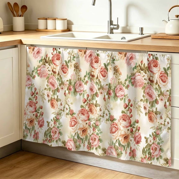 Pink Rose Fall Cabinet Curtain 32"Wx55"L,Dustproof Pantry Door Curtain with Self Adhesive Tape,Thanksgiving Vintage Pastoral Floral Tall Storage Cover Privacy Drape for Bathroom Kitchen Laundry Room