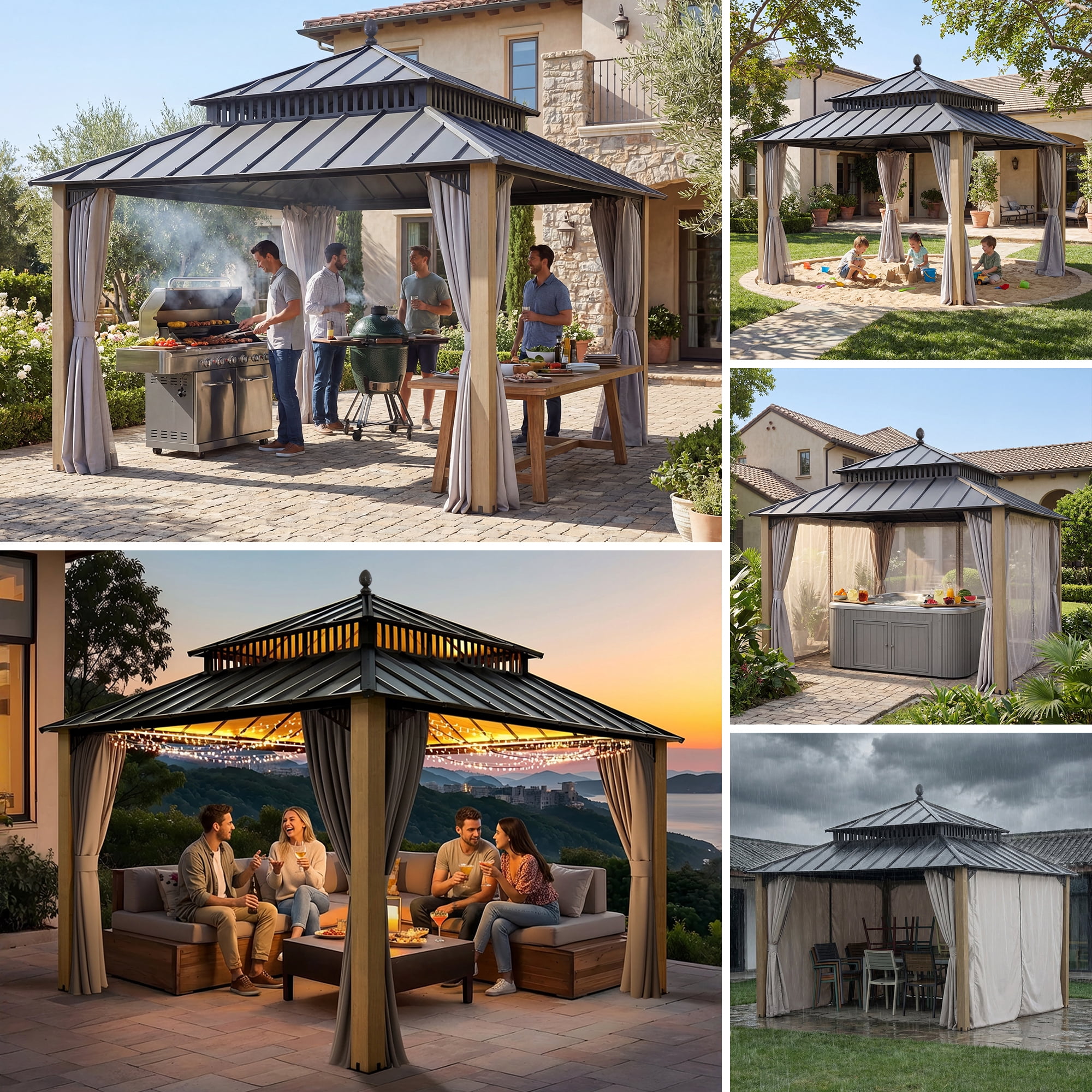 SUNJOY Kingston 12x12 Gazebo, Steel Hardtop Gazebo with Curtain and Netting - Cedar Posts