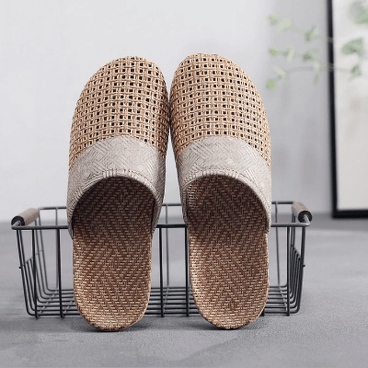 and Women's Slip-On Indoor Rattan House Slippers, Unisex Guests Shoes -