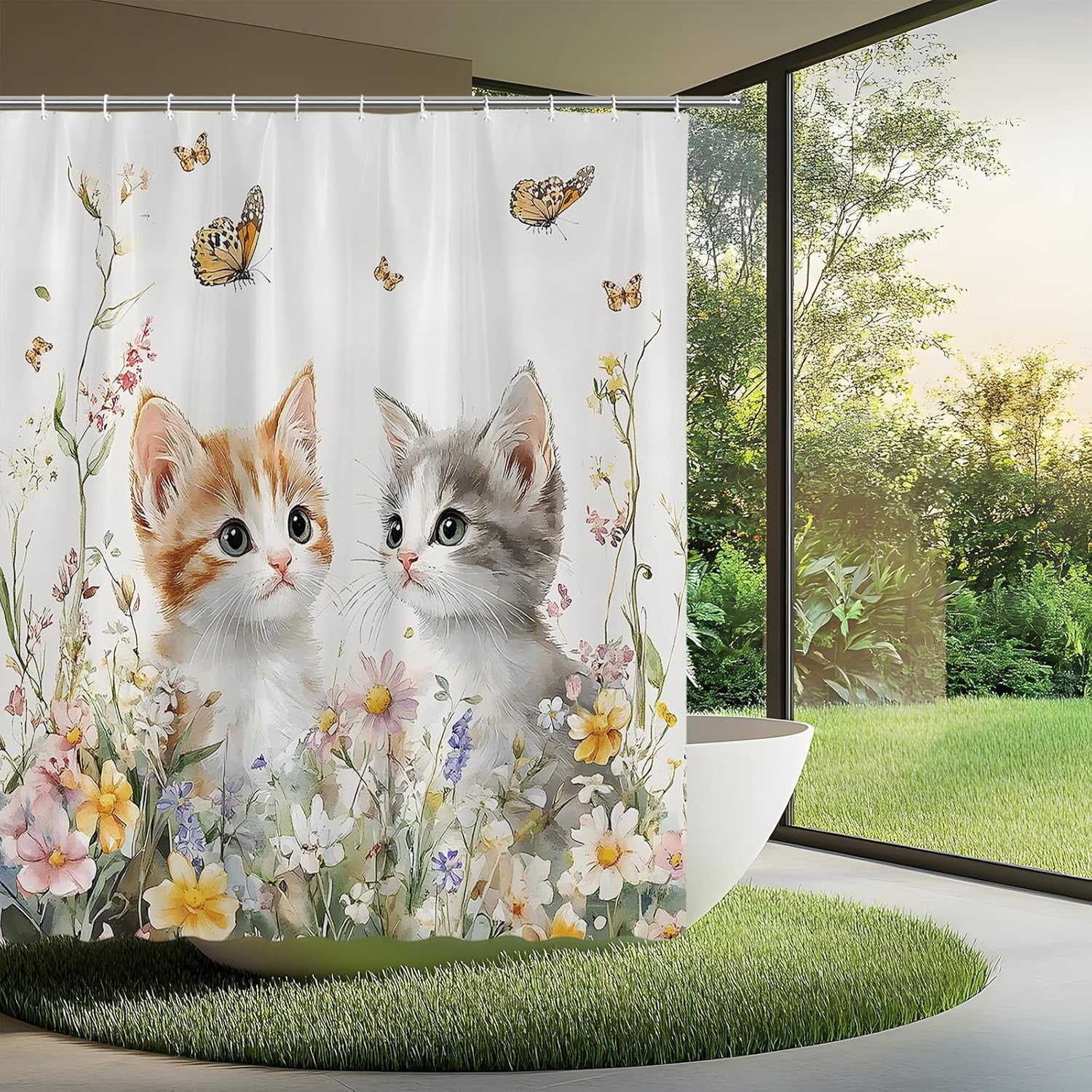 Butterfly and Kitten Floral Shower Curtain Cute Cat Spring Farmhouse Rustic Farm Animal Garden Cats Pet Lover Wildflower Bathroom Curtains Set Polyester Fabric with Hooks-72"W x 72"L (Pack of 1)