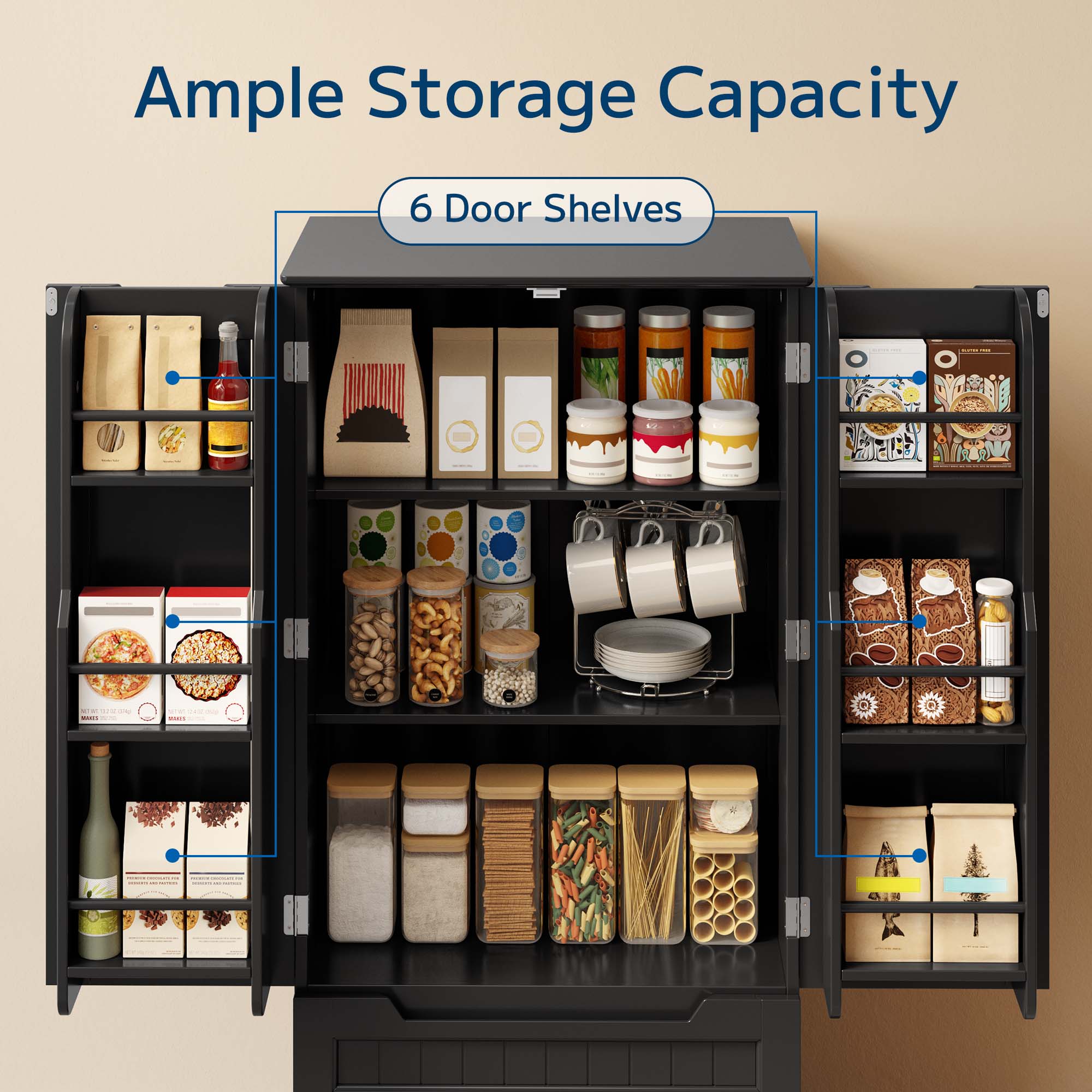 Pantry Storage Cabinet with 2 Drawers，Asofer 47" Kitchen Small Food Pantry Cabinet for Dining Room, Black