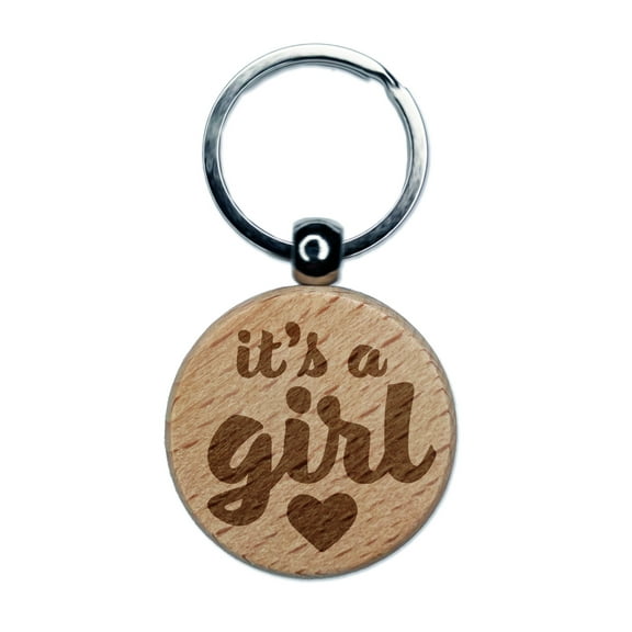 It's a Girl Baby Shower Party Round Keychain Charm Tag - Engraved Wood