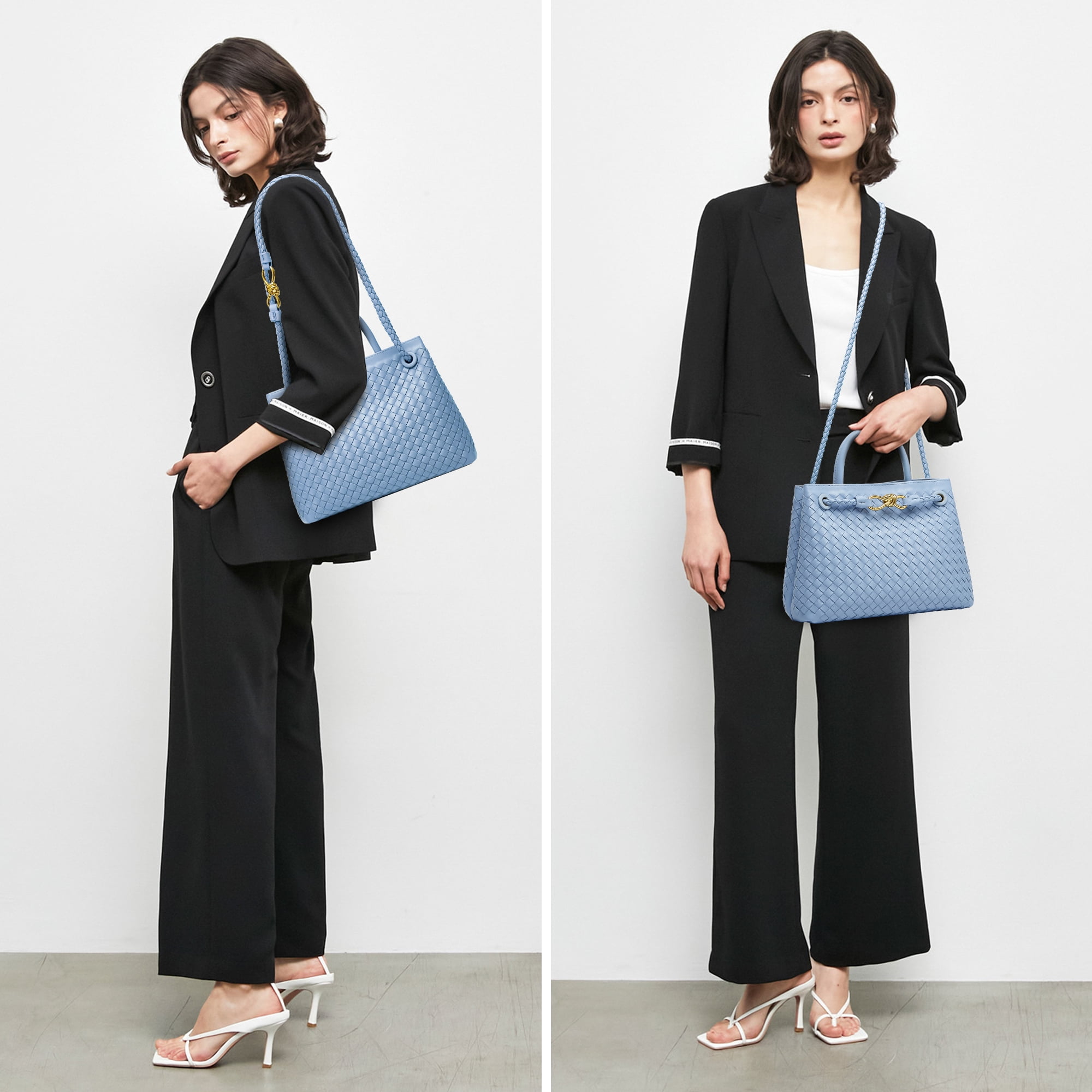 Woven Bag for Women Shoulder Purse: Vegan Leather Handbag - Handmade Tote Bag - Elegant Satchel Bag with Bowknot (Blue Color)
