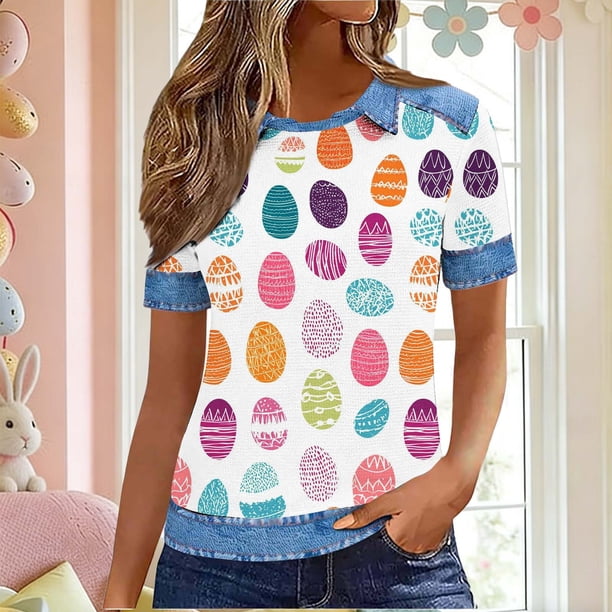 TaTaai Women's Lightweight Waffle Knit Short Sleeve Open Collar Easter Print Top Summer Cool Blouse Relaxed Fit Vacation Plus Size Gift