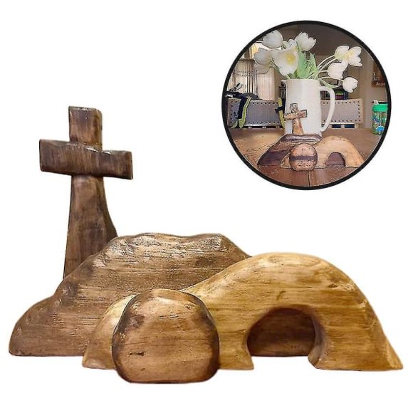 Den tomma graven påskscen och korsdekoration, Jesus grav påskbricka Ensemble, träskyltar Jesus påskdekorationer för etagefat