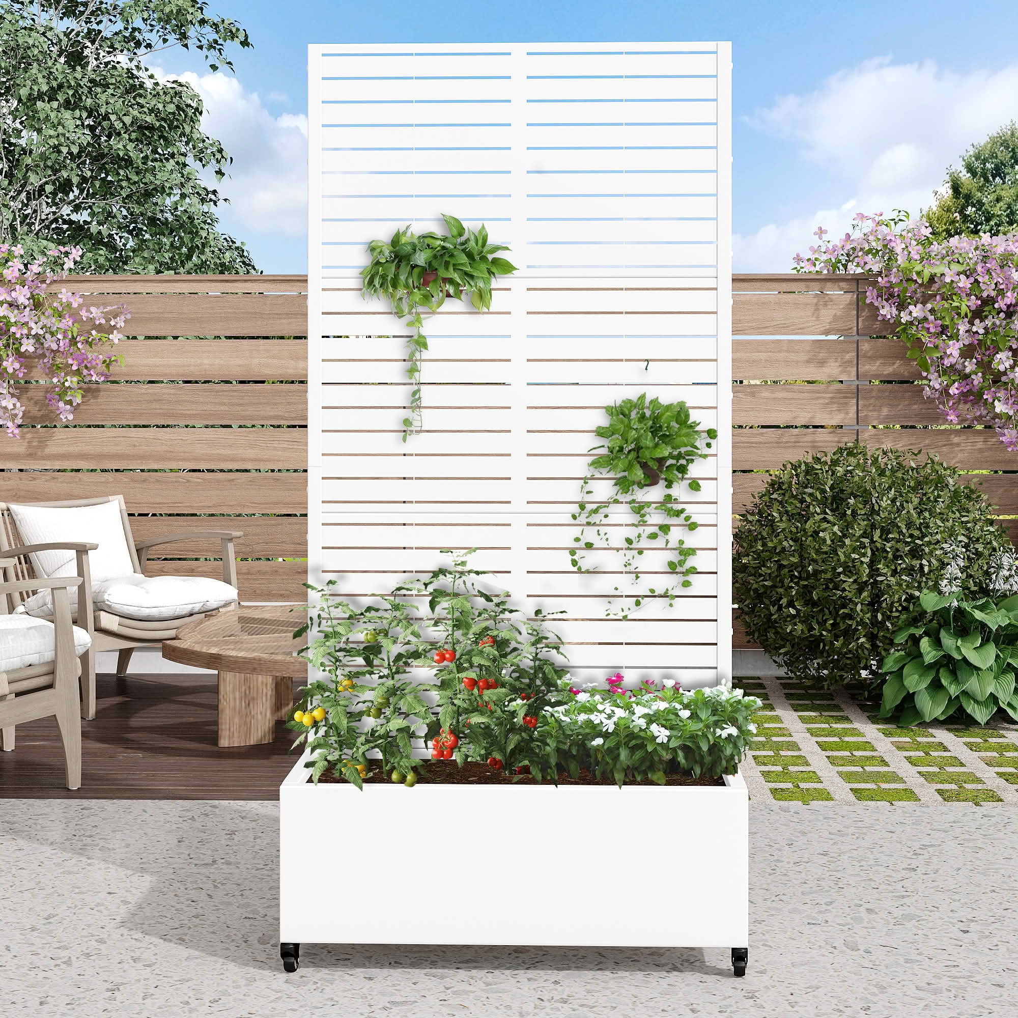 MAYEERTY 72x35x16 Inch White Metal Rectangular Planter Box with Trellis, 5 Piece Set for Outdoor Garden & Patio