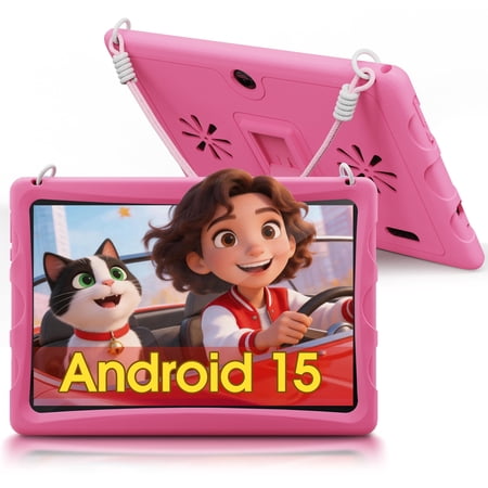 10.1" Android 15 Kids Tablet with case, 6GB+64GB Tablet with Carry Strap for kids, Parent Control, Child Education Tablet for Toddler(Pink)