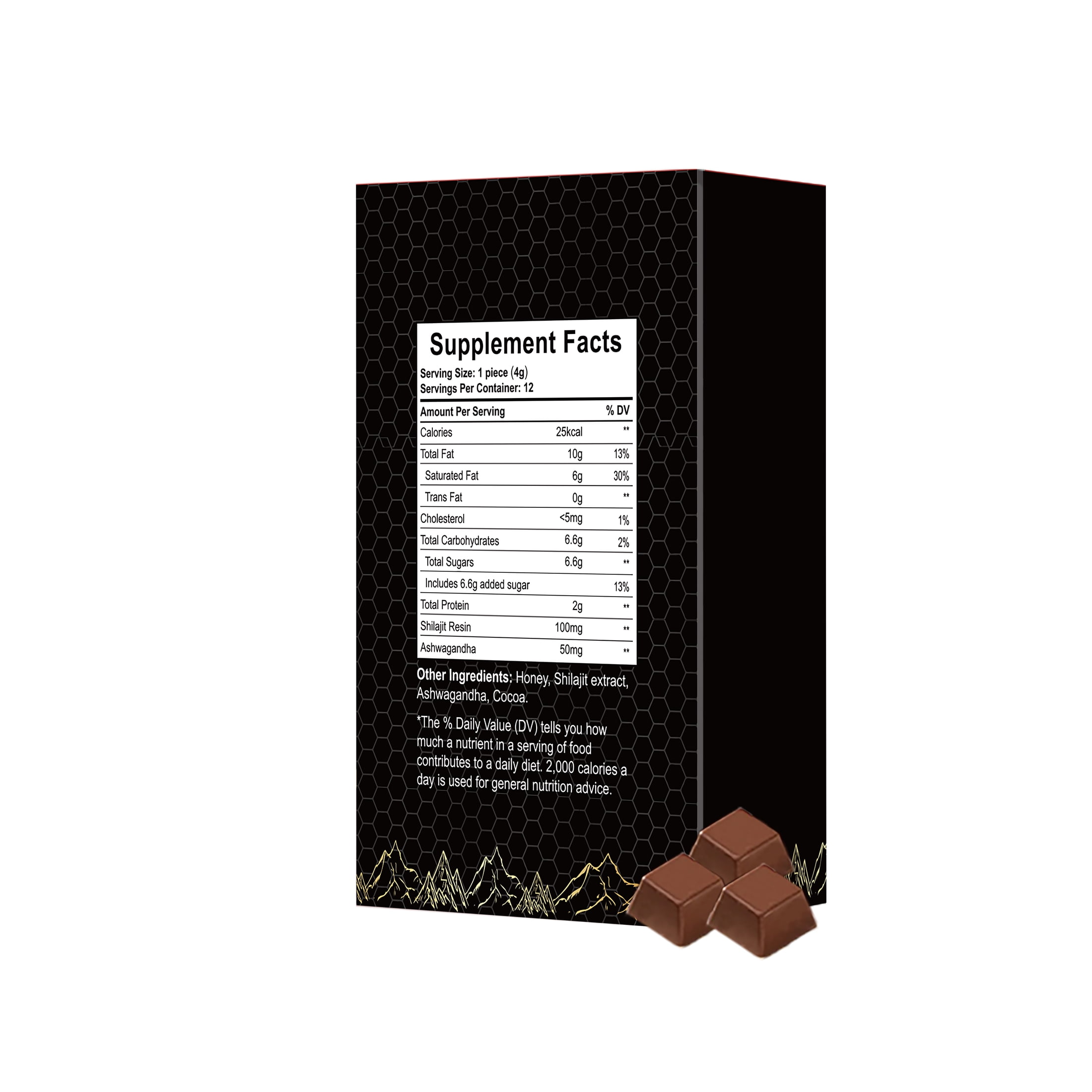 Shilajit Dark Chocolate Made with Ashwagandha, Shilajit Resin & Honey, A Premium Superfood for Energy, Strength & Immunity Boost, 12 Pieces 4g Each