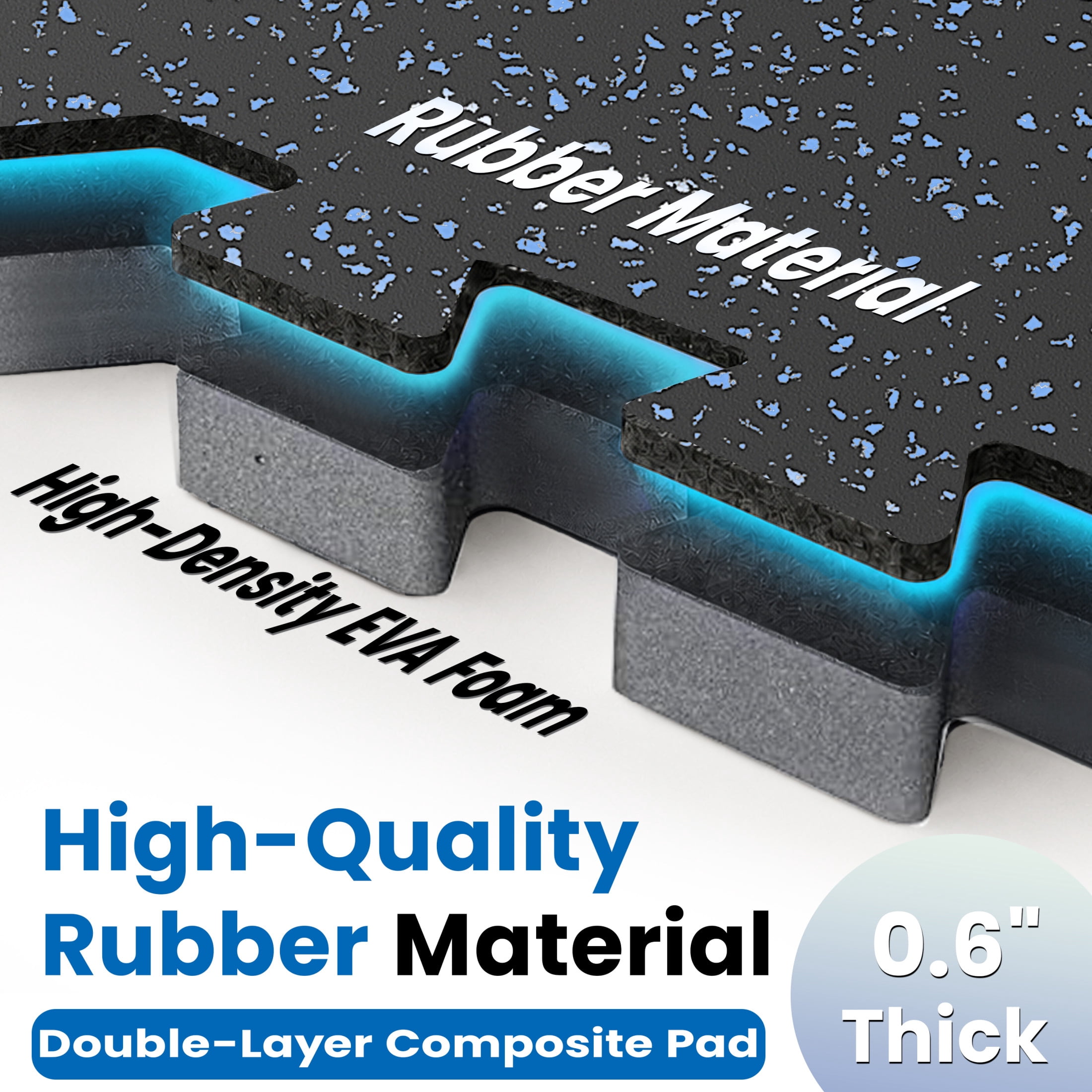 Noble House 0.6" Thick Interlocking Rubber Top & EVA Foam Floor Workout Mats for Gym, Yoga, 6 Tiles, Black & Blue