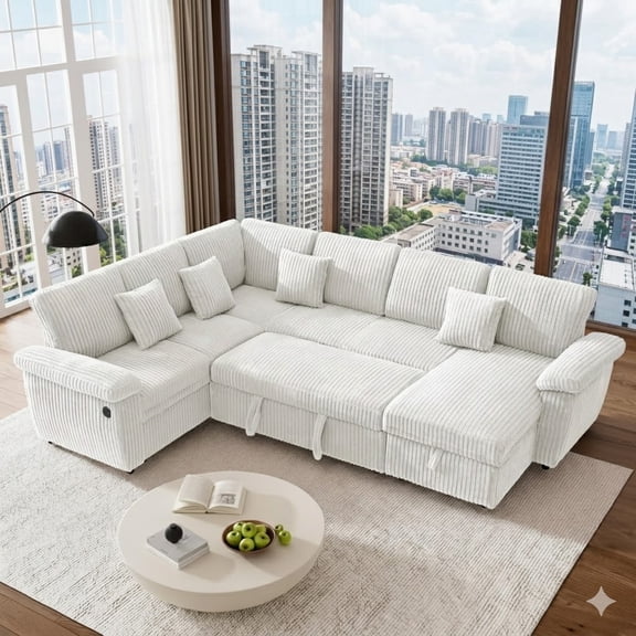 Howcool Modular Sectional Sleeper Sofa with Pull-Out Bed, U-Shaped Convertible 7-Seat Cloud Couch with Storage Chaise & USB Charging, Plush Corduroy Sectional for Living Room,Beige