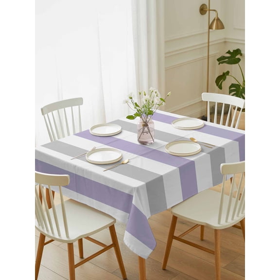 Purple Grey Stripe Tablecloth Rectangle Table Cloth 52x70, Waterproof Tablecloth Outdoor Table Cloth, Modern Farmhouse Vertical Striped Washable Table Cover for Kitchen Dinning Party