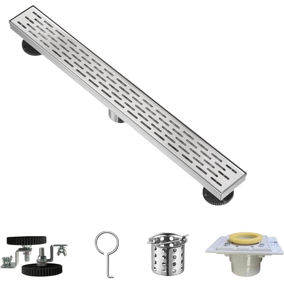 Mango Tile 24 Inch Brushed Nickel Linear Shower Drain, Rectangular Floor Drain, 304 Stainless Steel, Includes Adjustable Legs, Hair Strainer, Hook