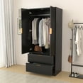 thumbnail image 3 of Feishominoo 2 Doors Armoire Wardrobe Closet, Flutet Wooden Wardrobe Clothes Storage Cabinet Organizer with Hanging Rod and 2 Drawers for Bedroom, Black, 3 of 9