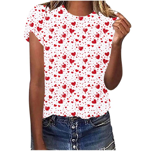 Hyknon Hauts pour Femmes Été Saint-Valentin Imprimé Amour Manches Courtes Décontracté Col Rond Chandail-Over Doux Polyvalent pour Femmes