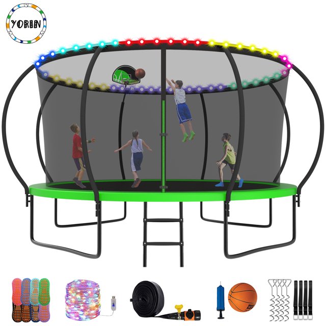 YORIN Trampoline for 7-8 Kids, 14 FT Trampoline for Adults with Enclosure Net, Basketball Hoop, Ladder, 1400LBS Outdoor Recreational Trampoline, Heavy Duty Trampoline with Light, Sprinkler, Socks