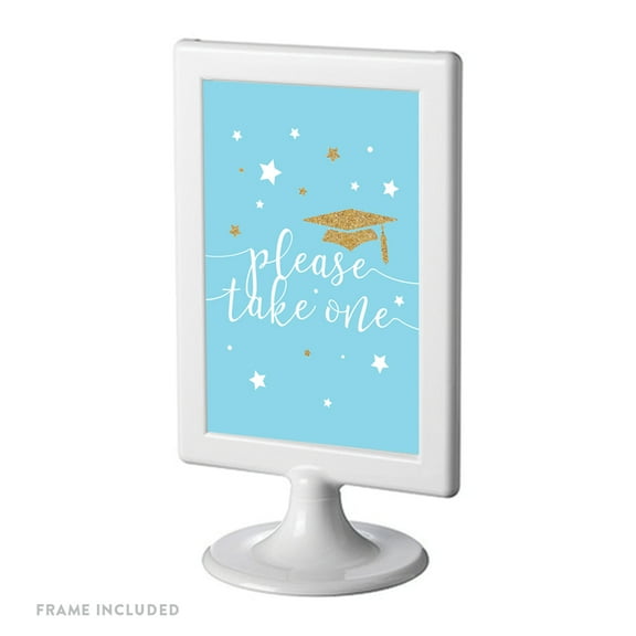 Baby Blue and Gold Glittering Graduation Party, Party Sign 4x6-inch, Please Take One, Includes Frame