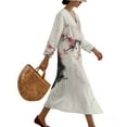 thumbnail image 3 of COEQINE Spring Summer Dress 3/4 Sleeve Wrap V-Neck Women's Boho Midi Tunic Shift Dress, Linen Look Loose Fit, Vacation & Everyday Wear, Size 2XL, Ink Black Cat Plum Blossom, 3 of 6