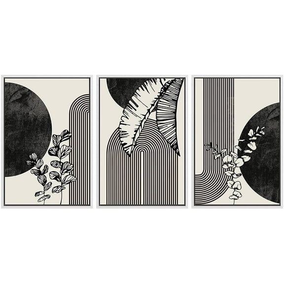 PixonSign Framed Canvas Print Wall Art Set Geometric Mid-Century Banana Forest Leaf Abstract Shapes Illustrations Modern Art Boho Decorative for Living Room, Bedroom, Office - 24"x36"x3 WHITE