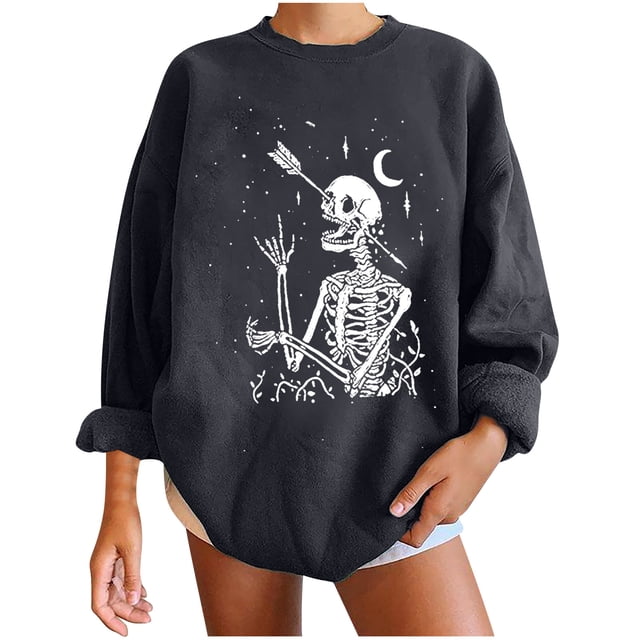Sudadera extragrande de lana de manga larga con cuello redondo y estampado de calavera para mujer Pompotops gfhjh16791