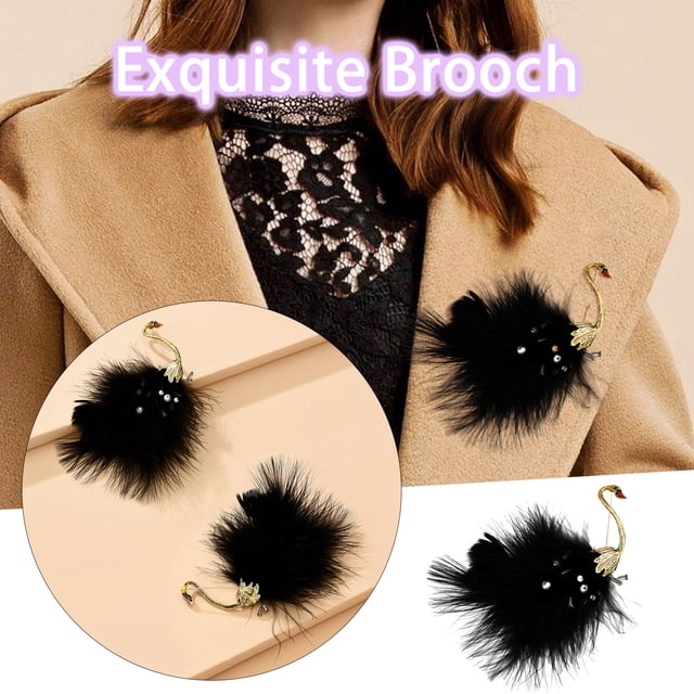 HomeKingdee European American Trendy Black Ostrich Fluffy Ball Brooch - Alloy and Rhinestone Jewelry Pin for Party Wedding Celebration Accessories