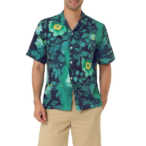 CAMISAS DE HOMBRE CORTAS INSPIRADAS EN CHIC, CON ESTAMPADO FLORAL, BOTONES EN LA PARTE FRONTAL, PLAYERA DE PLAYA HAWAIANA, TAMAÑO 38, AZUL Y NEGRO