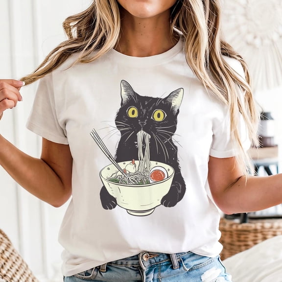 Unisex Ramen Cat, Cat Eat Ramen Graphic T-Shirt, Sizes S-5XL, Tbun Men's And Women's Graphic Tee 100% Cotton by TBun, Full Sizes S-5XL