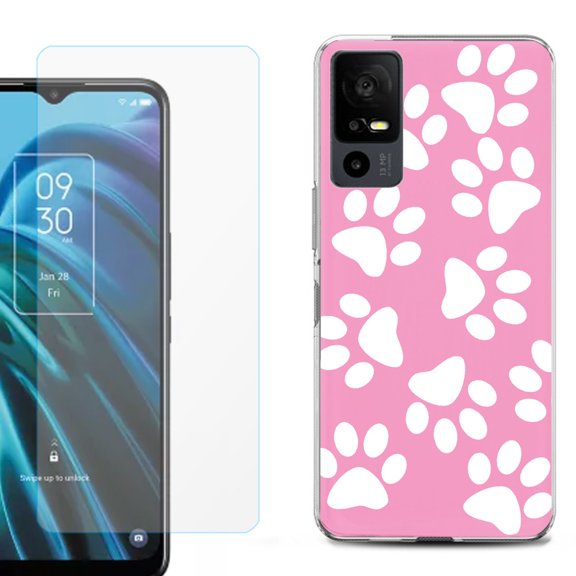 OneToughShield ® for TCL 40 XE 5G Shockproof Fashion Phone Case, with Tempered Glass Screen Protector - Pet Paw/ Pink