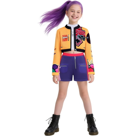 Guvpev G'irl's Halloween Cosplay Pop Singer Costume, Deluxe 3-Piece Set, Orange Graphic Crop Jacket with Top & Navy Active Shorts for Birthday Party Fancy Dress Up Ages 2-12