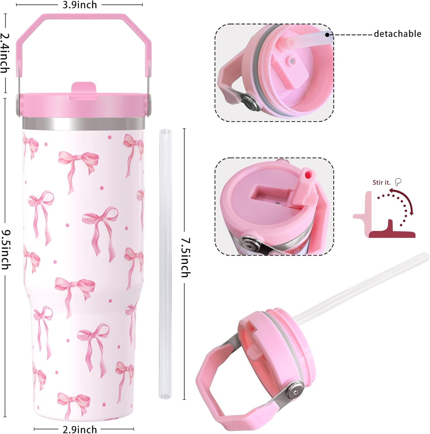 30 oz Bow Tumbler with Straw Handle, Gifts for Women Who Loves Bow, Stainless Steel Insulated Water Bottle Coffee Cups for Home Office Travel