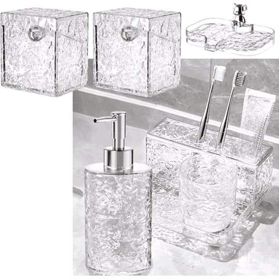 Bathroom Accessories Set 6-Piece, Toothbrush Holder, Soap Dispenser, Soap Dish, Cotton Swab Jars, Toothbrush Cup, Modern Bath Organizers and Storage, No Drilling Wall-Mounted Bath Decor