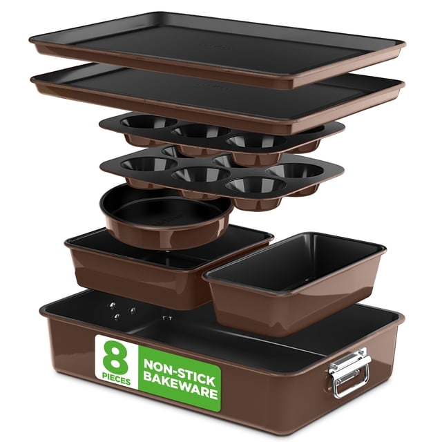 NutriChef 8-Piece Nonstick Stackable Bakeware Set - PFOA, PFOS, PTFE Free Baking Tray Set w/Non-Stick Coating, 450°F Oven Safe, Round Cake, Loaf,