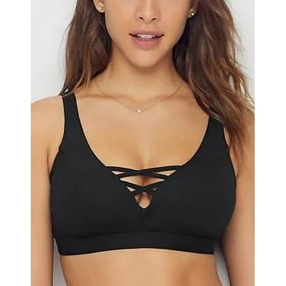 Becca by Rebecca Virtue BLACK Zoe Ribbed Bralette Bikini Top, US 34E, UK 34DD