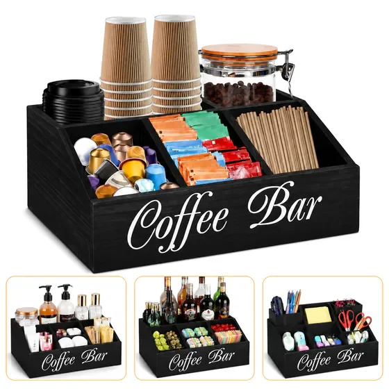 Coffee Bar Organizer, Countertop Coffee Station Organizer, Black Coffee Bar Accessories, Wooden Texture Storage Holder for K Cup Pods and Syrup Bottles