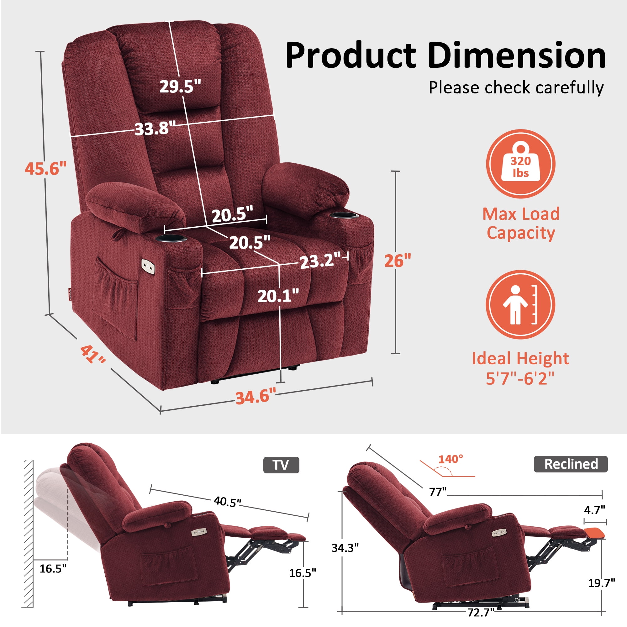 MCombo Large Power Lift Recliner Chair Sofa with Massage and Heat for Elderly People, Extended Footrest, Hand Remote Control, Lumbar Pillow, USB Ports, Fabric 7549 (Large, Burgundy)