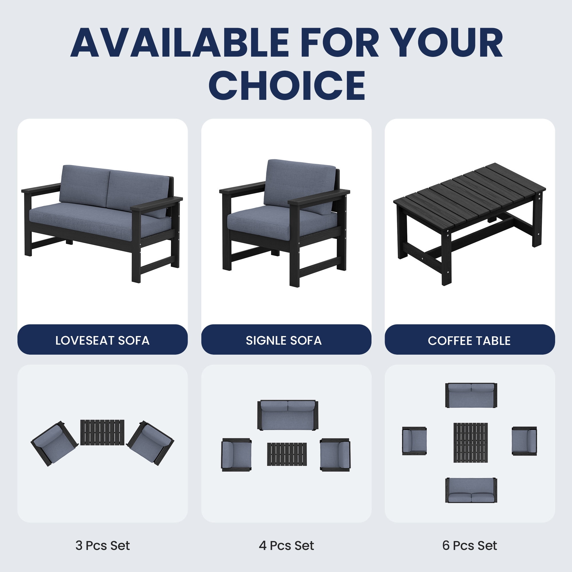 KINGYES 3 Pieces Outdoor Furniture Set, HDPE All Weather Use Conversation Couch Sets,2 Armchairs & 1 Coffee Table for Patio Backyard, Black Frame with Gray Cushions