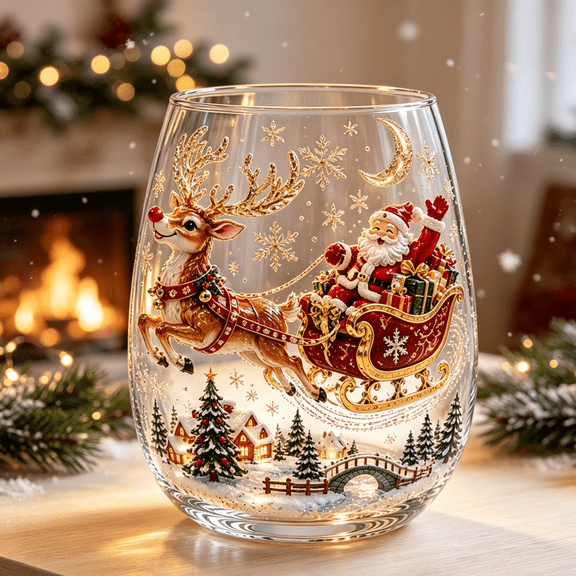 Magical Christmas 3D Glass Cup Complete 4 Design Collection Christmas Drinkware Set for Holiday Display(Sleigh)