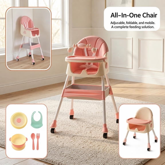 YUCHANG 4- in-1 Baby High Chair,Adjustable Convertible Infant Baby Feeding Chair Booster for Eating with Detachable Double Tray,5 Point Harness