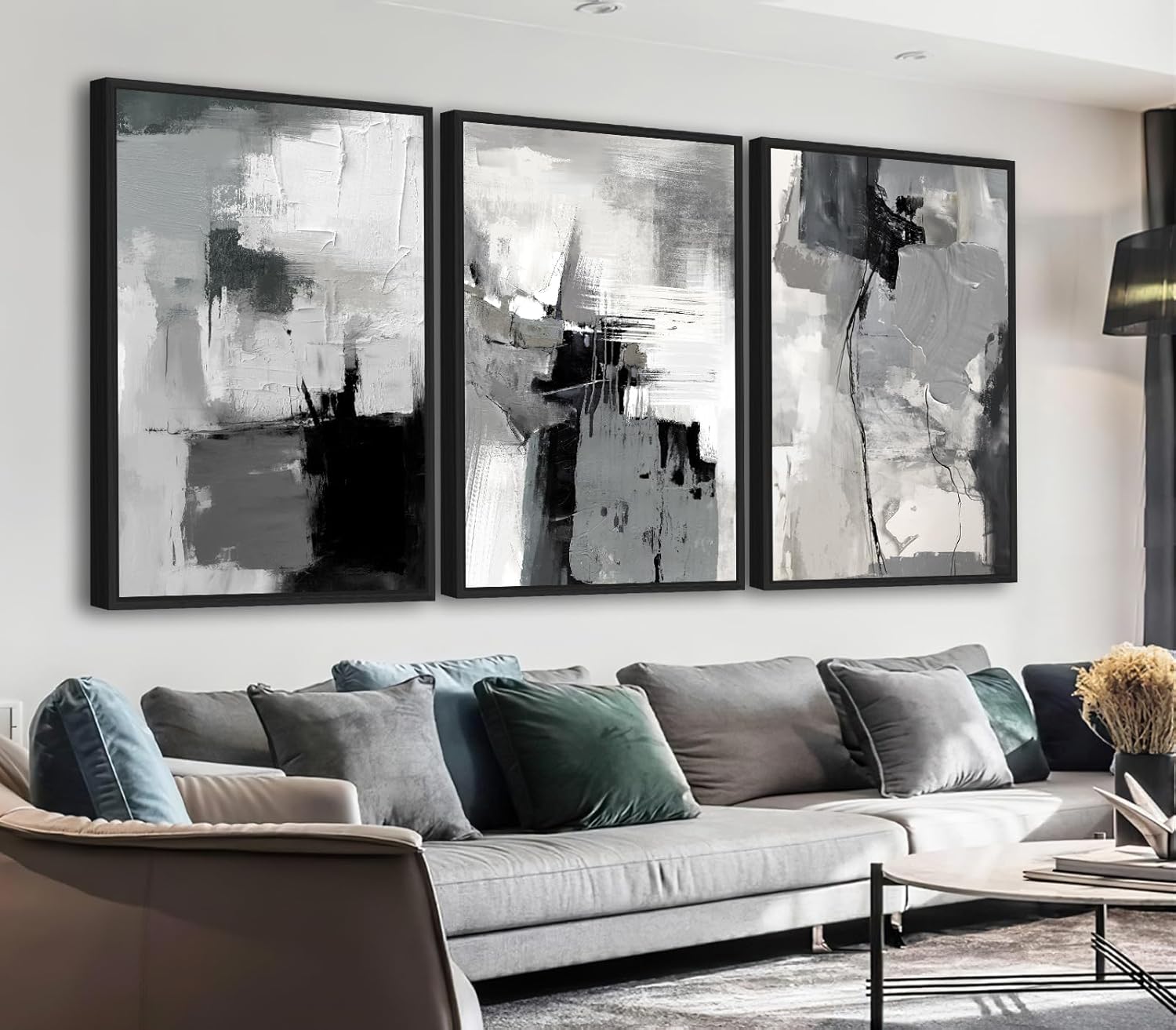 Large Framed Canvas Wall Art - Rustic Brown and White Abstract Pictures for Living Room Aesthetic Vintage Wall Decor Retro Prints for Bedroom Dinning Room Black Float Framed 16" X 24" X 3 pcs